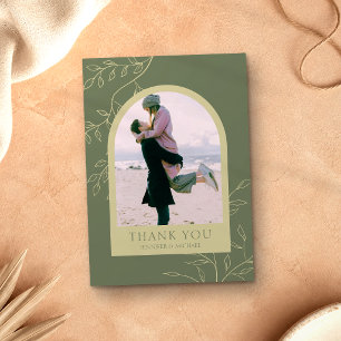 Sage Green Floral Custom Add Photo Frame Wedding Thank You Card