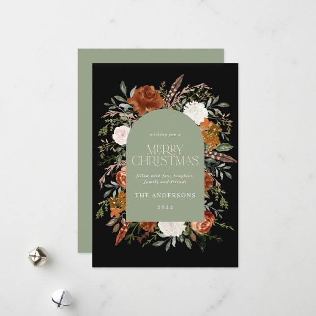 Sage green floral elegant botanical elegant arch holiday card (Front/Back In Situ)