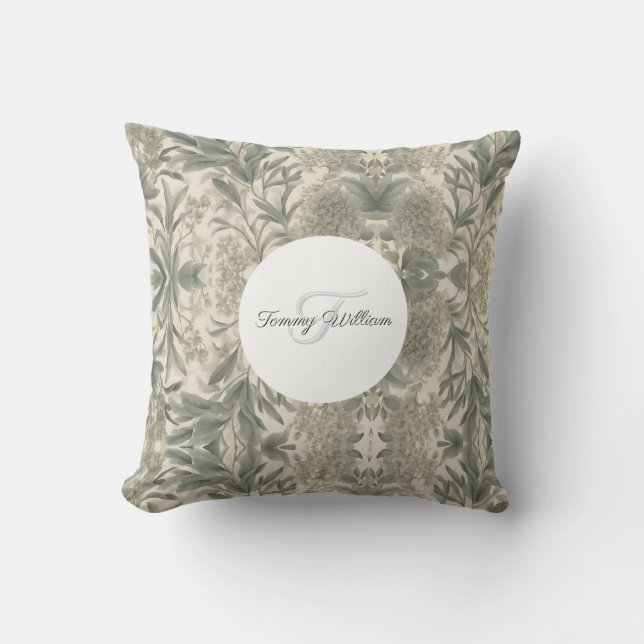 Sage Green Floral Elegant Cushion (Front)