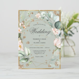 Sage Green Floral Elegant Gold Watercolor Wedding Invitation