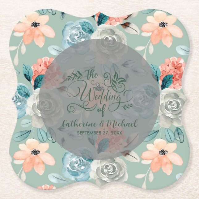 Sage Green Floral Elegant Wedding Calligraphy Paper Coaster (Front)