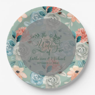 Sage Green Floral Elegant Wedding Calligraphy Paper Plate