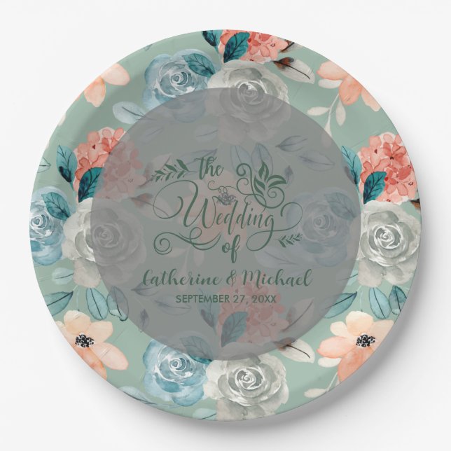 Sage Green Floral Elegant Wedding Calligraphy Paper Plate (Front)
