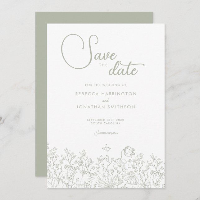 Sage Green Floral Elegant Wedding Save The Date (Front/Back)