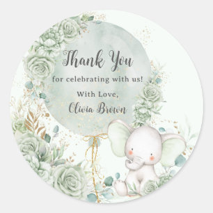 Sage Green Floral Elephant Baby Shower Classic Round Sticker