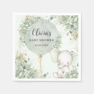 Sage Green Floral Elephant Baby Shower Napkin