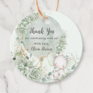 Sage Green Floral Elephant Baby Shower Neutral Favour Tags