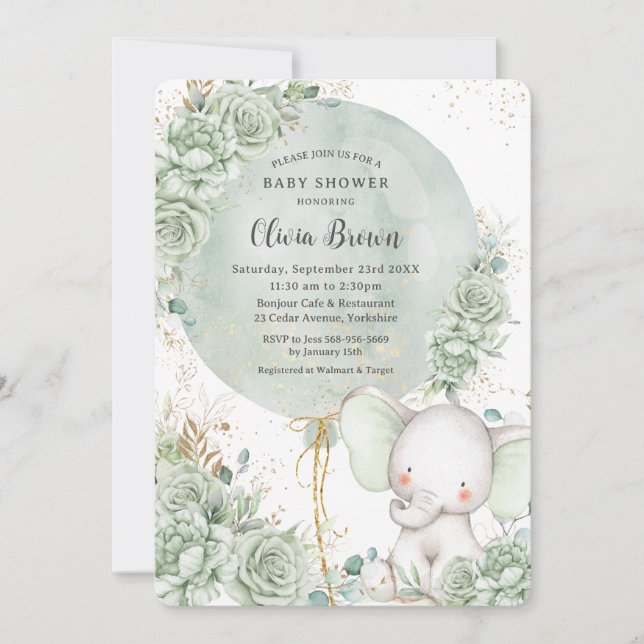 Sage Green Floral Elephant Neutral Baby Shower Invitation (Front)