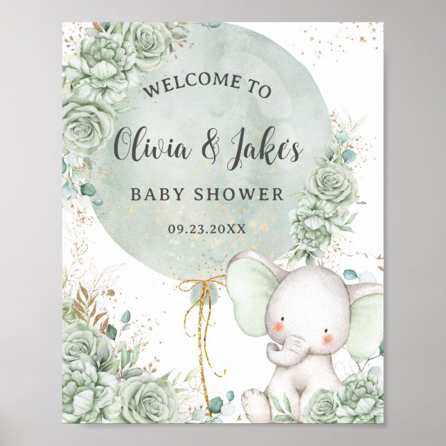 Sage Green Floral Elephant Neutral Baby Shower Poster (Front)