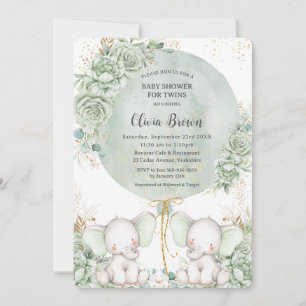 Sage Green Floral Elephants Twins Baby Shower Invitation