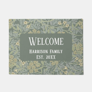 Sage Green Floral Family Name Established Welcome  Doormat