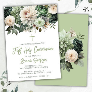 Sage Green Floral First Holy Communion Invitation