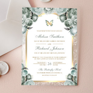 Sage Green Floral Gold Arch Butterfly Wedding Acrylic Invitations