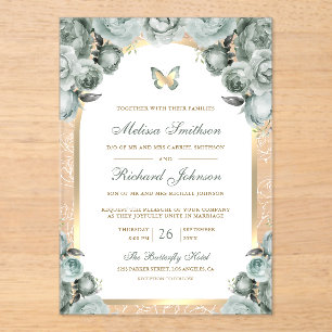 Sage Green Floral Gold Arch Butterfly Wedding Acrylic Invitations