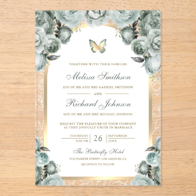 Sage Green Floral Gold Arch Butterfly Wedding Acrylic Invitations (Front)