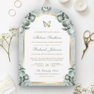 Sage Green Floral Gold Arch Butterfly Wedding Invitation