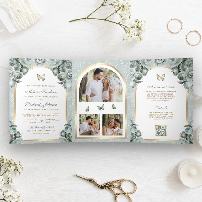 Sage Green Floral Gold Arch Butterfly Wedding Tri-Fold Invitation (Creator Uploaded)