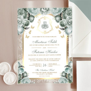 Sage Green Floral Gold Arch Muslim Wedding Acrylic Invitations