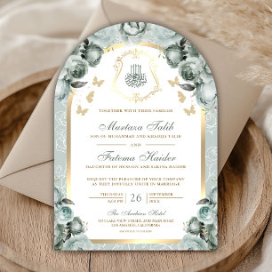 Sage Green Floral Gold Arch Muslim Wedding Invitation