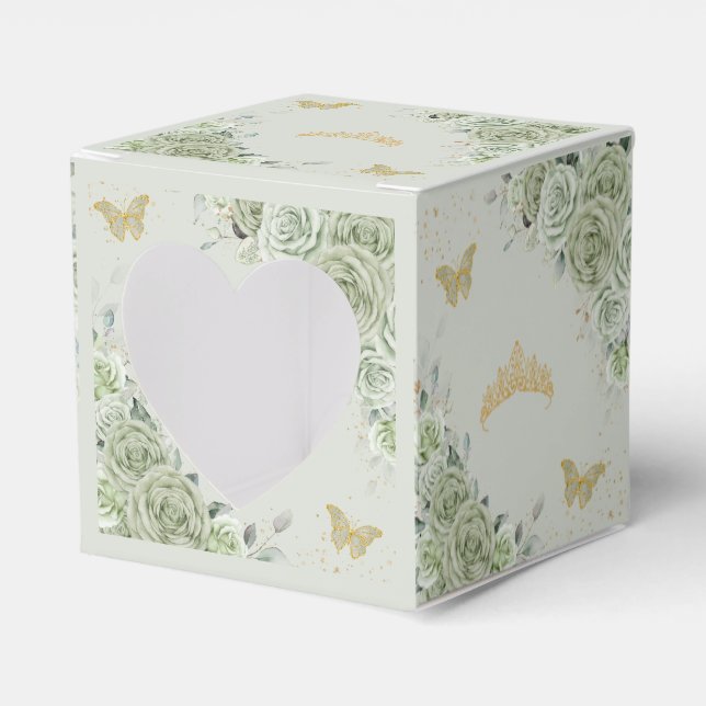 Sage Green Floral Gold Butterflies Quince XV Mini Favour Box (Front Side)