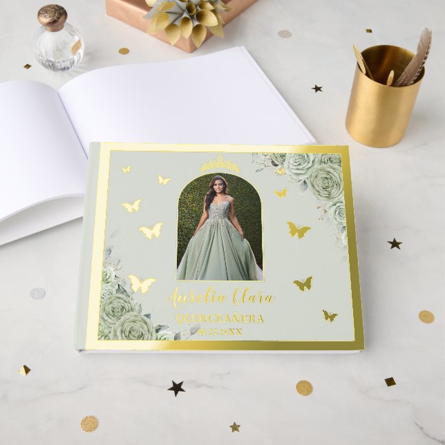 Sage Green Floral Gold Quinceañera 15 Quince Photo Guest Book (Front Open)