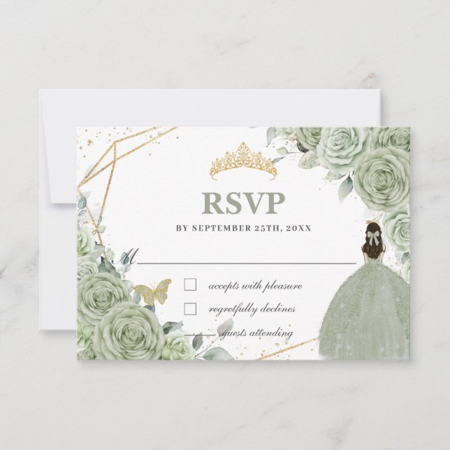 Sage Green Floral Gold Quinceañera Princess Gown RSVP Card (Front)
