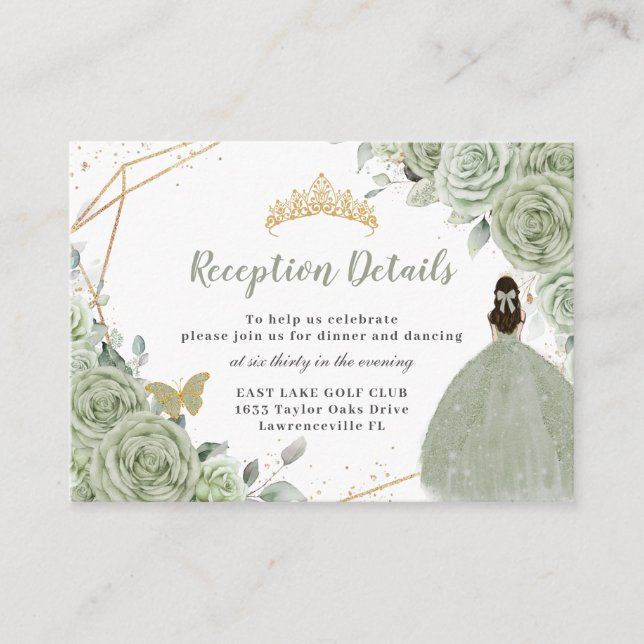 Sage Green Floral Gold Quinceañera Reception Enclosure Card (Front)