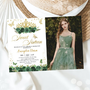Sage Green Floral Gold Sweet sixteen 16 Birthday Invitation