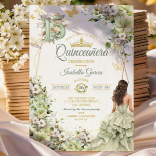 Sage Green Floral Golden Butterflies Quinceañera Invitation