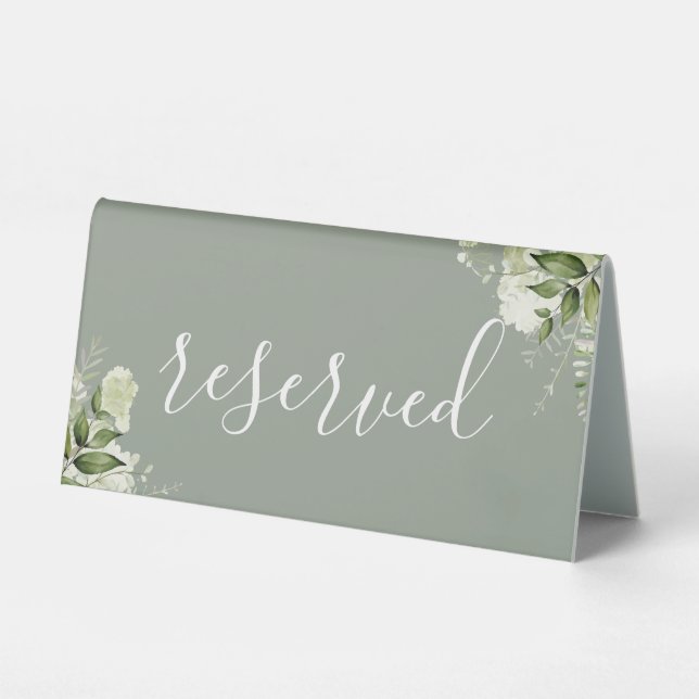 Sage Green Floral Greenery Elegant Script Reserved (Front)