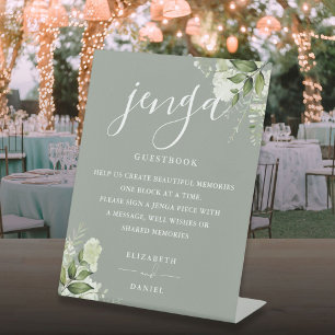Sage Green Floral Greenery Jenga Wedding Guestbook Pedestal Sign