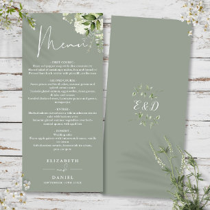Sage Green Floral Greenery Monogram Wedding Dinner Menu