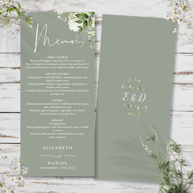 Sage Green Floral Greenery Monogram Wedding Dinner Menu (Sage Green Floral Greenery Monogram Wedding Dinner Menu)