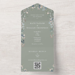 Sage Green Floral Greenery QR Code Wedding All In One Invitation