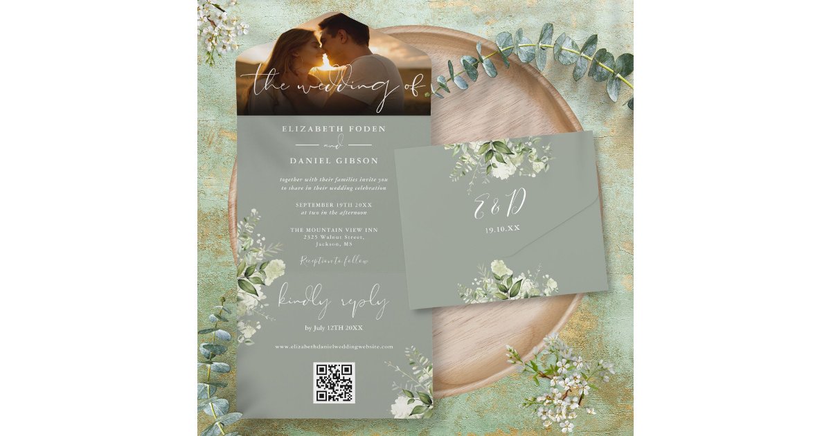 Sage Green Floral Greenery QR Code Wedding Photo All In One Invitation ...
