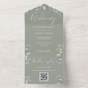 Sage Green Floral Greenery Script QR Code Wedding All In One Invitation