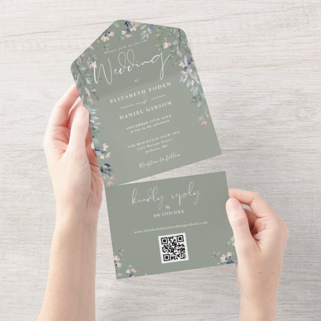 Sage Green Floral Greenery Script QR Code Wedding All In One Invitation (Tearaway)