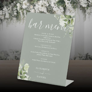 Sage Green Floral Greenery Wedding Bar Menu Pedestal Sign