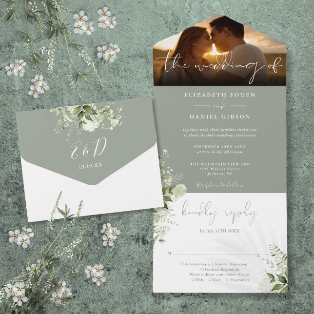 Sage Green Floral Greenery Wedding Photo All In One Invitation (Sage Green Floral Greenery Wedding Photo All In One Invitation)
