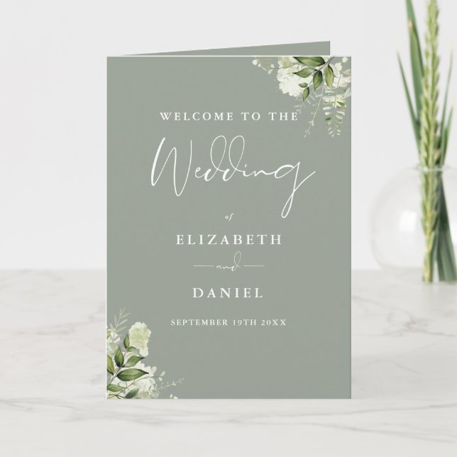 Sage Green Floral Greenery Wedding  Program (Front)