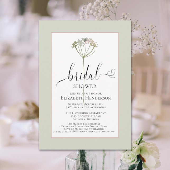 Sage Green Floral Heart Script Bridal Shower Invitation (Creator Uploaded)