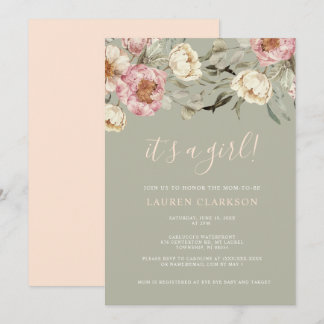 Sage Green Floral It's a Girl Baby Shower  Invitation