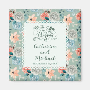 Sage Green Floral Lace Elegant Wedding Calligraphy Magnet