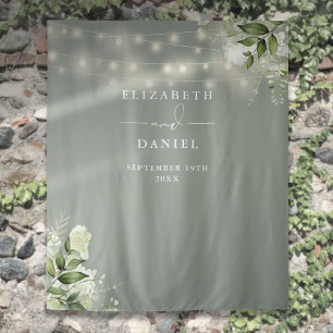 Sage Green Floral Lights Wedding Photo Backdrop Tapestry