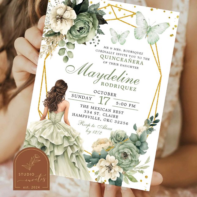 Sage Green Floral Mexican Princess Quinceanera Invitation (Creator Uploaded)