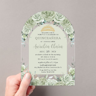 Sage Green Floral Modern Arch Gold Quinceanera  Acrylic Invitations