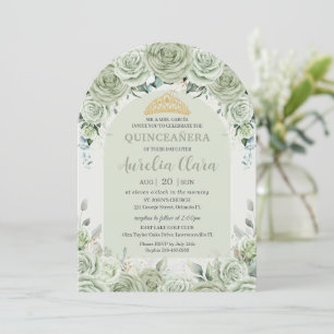 Sage Green Floral Modern Arch Gold Quinceanera  Invitation