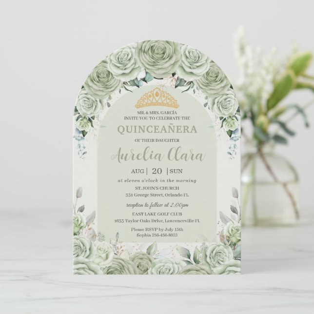 Sage Green Floral Modern Arch Gold Quinceanera  Invitation (Standing Front)