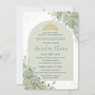 Sage Green Floral Modern Arch Gold Quinceanera Invitation