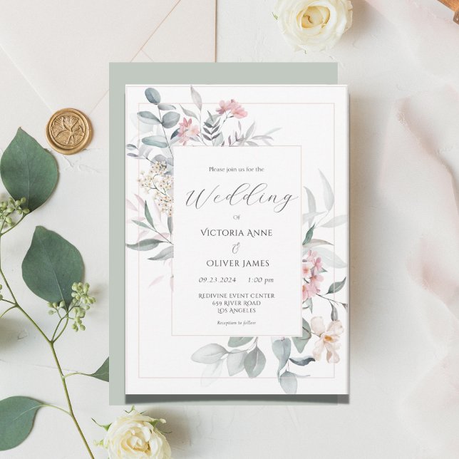 Sage Green Floral Modern Wedding Invitation (Creator Uploaded)